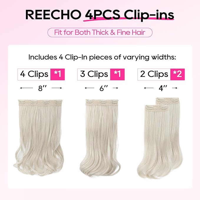 REECHO Clip-in Hair Extensions, 4PCS Lace Weft, 14" Short Wavy Hair, Invisible, Natural Soft Hairpieces for Women, Black Brown