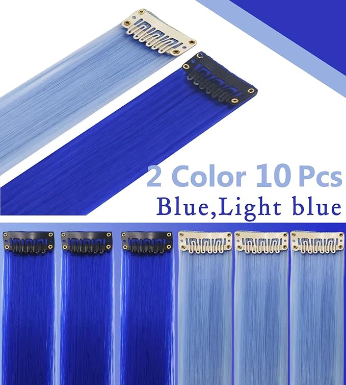 10PCS 20''Light Blue Sapphire Blue Hair Extensions for Girls Wig Pieces Clip in Coloured Hair Extensions for Teens Colorful Hairpieces Party Synthetic Multiple Colors