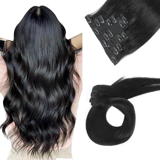 Clip in Hair Extensions Real Human Hair Jet Black 20 inch 7pcs 80g/Pack, Human Hair Clip in Extensions, Salon-Grade Quality, Easy Comfort Wear for Women (#1, 20 inch)