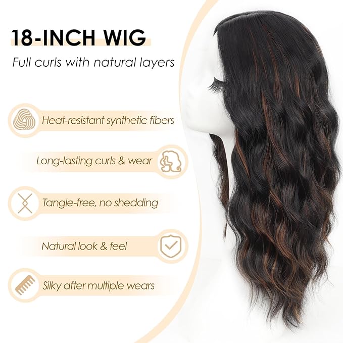 AISI HAIR Black Mix Brown Wig for Women Medium Length Wave Curly Glueless Synthetic Heat Resistant Hair Wigs for Daily Party Cosplay
