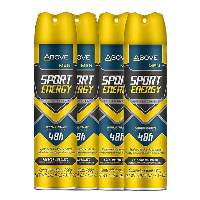 ABOVE Sport Energy - 48 Hours Antiperspirant Deodorant for Men - Woody, Floral Fragrance - Dry Spray Protects Against Sweat and Body Odor - Delivers Instant Freshness - Alcohol Free - 4 pc