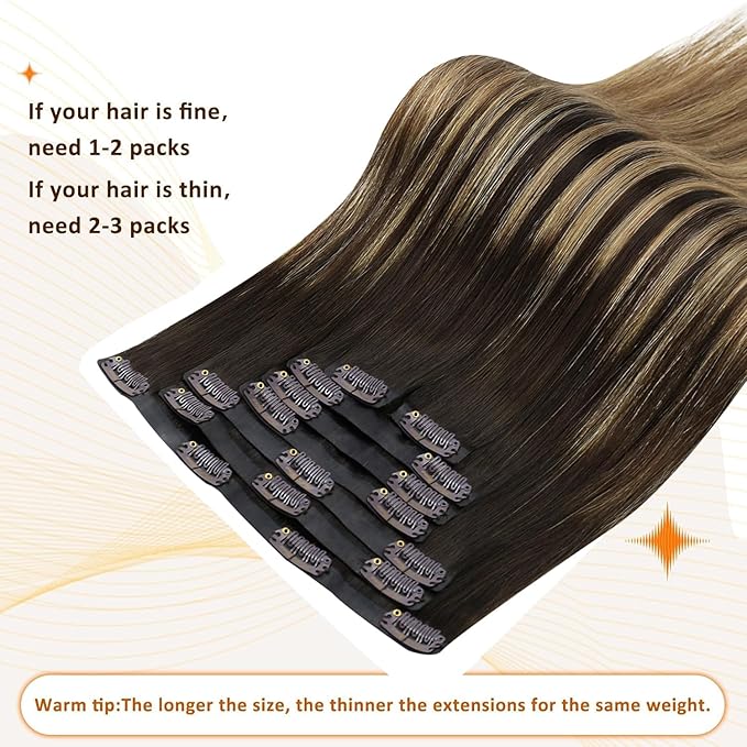 Full Shine Seamless Hair Extensions Clip in 20 Inch Clip in Extensions Ombre Dark Brown to Light Brown with Honey Blonde Thick Ends Human Hair Softness 8 PCS 120 G
