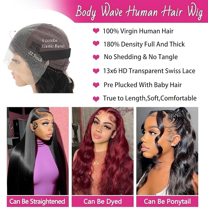 13x6 Body Wave Lace Front Wigs Human Hair Pre Plucked 180% Density HD Lace Frontal Wig Human Hair For Women Body Wave Wigs With Baby Hair 34inch
