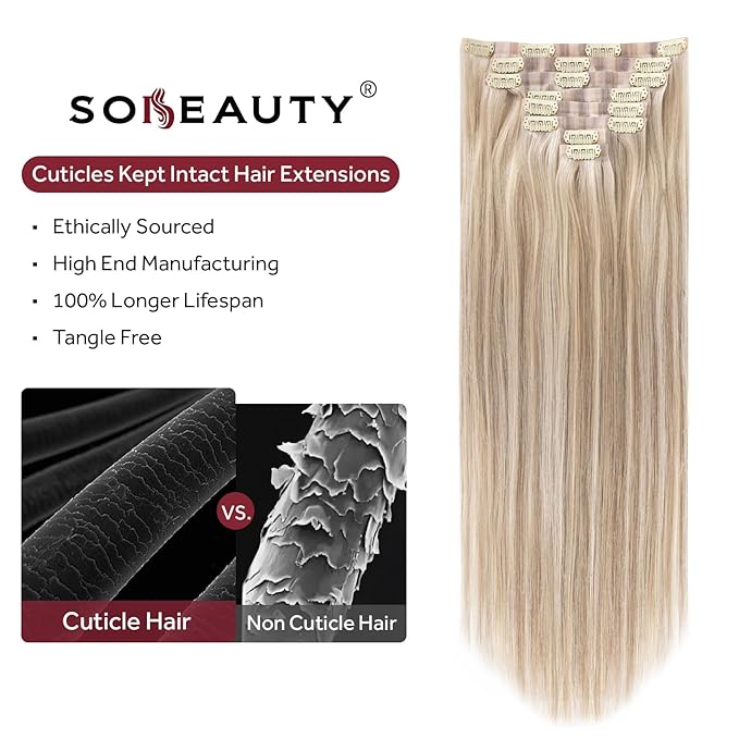 Clip in Hair Extensions Real Human Hair Seamless Clip Ins 100% Remy Hair Extensions PU Skin Weft Add Volume Ash Blonde Highlights Thick&Invisible #P18/613 18Inch 120G 8PCS
