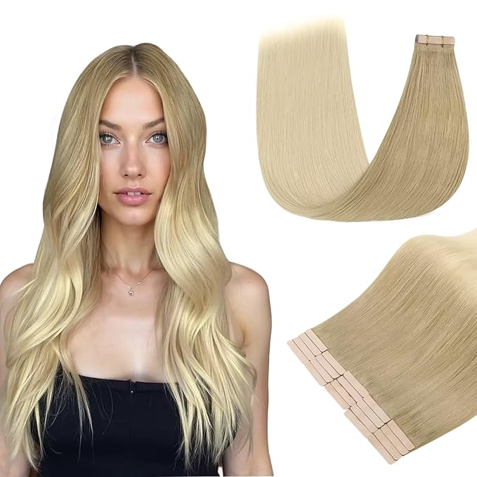 DOORES Tape in Human Hair Extensions, Light Brown to Golden Platinum Blonde 18 Inch 50g 20pcs, Hair Extensions Real Human Hair Tape in Natural Remy Straight Hair
