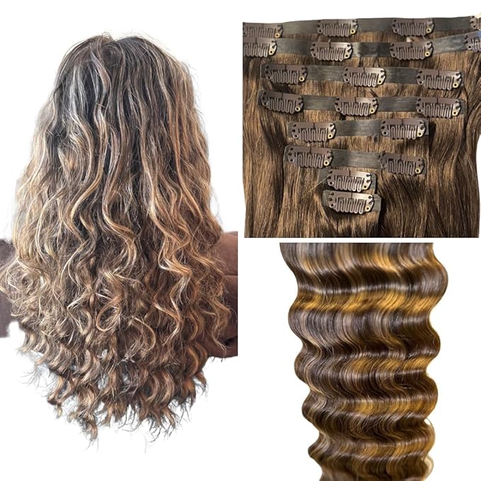 Remy Cuticle Intact Double Drawn Real Human Hair Deep Wave Curl Seamless Invisible Clip In Extentions #T2P2/8 Dark Brown and Golden Blonde 110g 20 inch 8 pcs