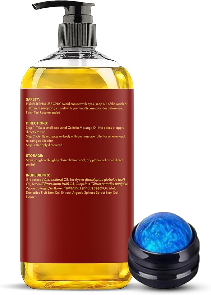 Majestic Pure Firming Body Massage Oil with Collagen – Helps Smooth The Appearance of Cellulite & Improve Skin Texture – Refreshing Aromatherapy Body Oil for Legs & Full Body – 8 Fl Oz, with Roller