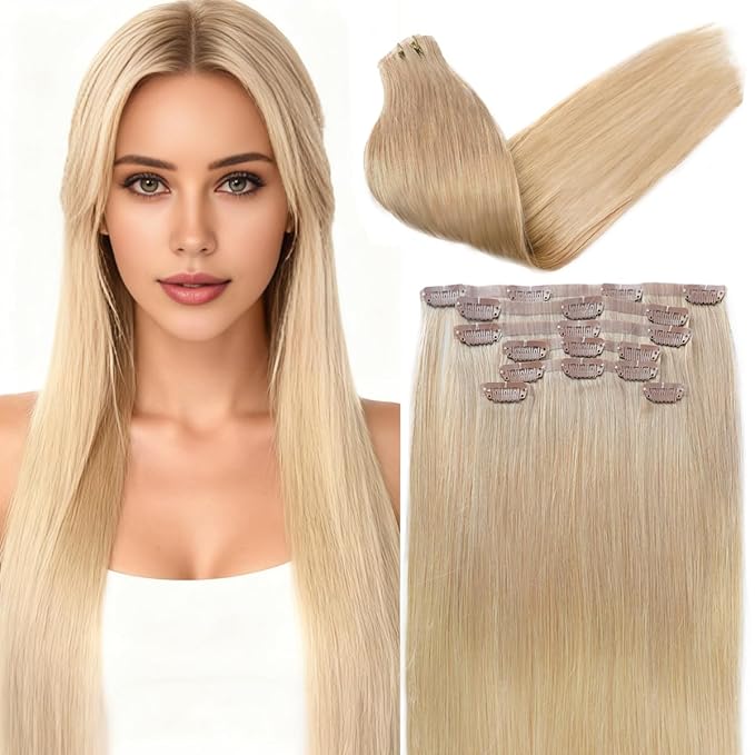 Seamless Clip in Hair Extensions Real Human Hair For Women 125g 20 Inch Beige Blonde and Beige White Balayage Invisible PU Skin Weft Remy Human Hair Extensions clip ins 7Pcs 18 Clips