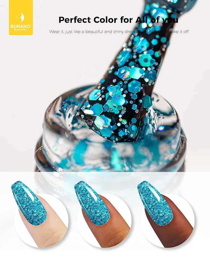 BURANO Glitter Nail Polish, LED UV Shimmer Holographic Effect Soak Off, No Chip Sparkle Polish for Home DIY Nail Salon (Lake Blue LP5)