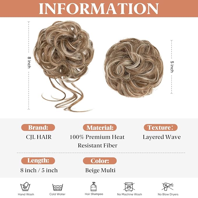 CJL HAIR 2PCS Messy Bun Hair Pieces Wavy Curly Synthetic Updo Chignon Fake Scrunchies Ponytail Extension for Women Beige Multi