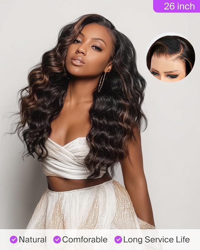 Megalook Ombre Lace Front Wigs Human Hair 13x4 HD Lace Front Wig Pre Plucked with Baby Hair 210 Density Highlight Body Wave Lace Front Wigs Prebleached Knots for Black Women 20 Inch 1B/30