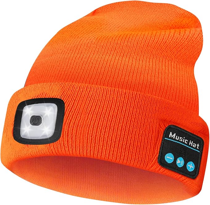 Bluetooth Beanie Hat, USB Rechargeable 4 LED Wireless Music Running Headlamp Cap, Gifts for Christmas, Stocking Stuffer & White Elephant Gifts for Men, Women, Him, Her