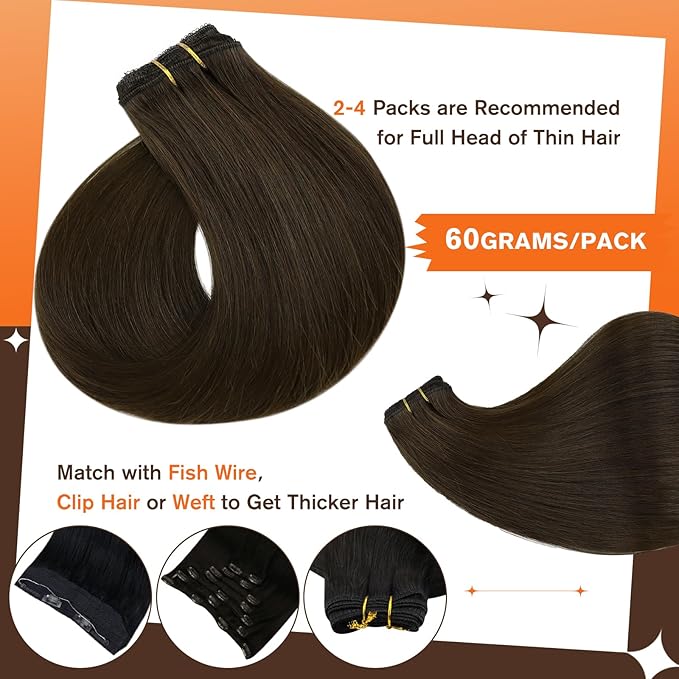Full Shine Dark Brown Clip in Hair Extensions Real Human Hair 16 Inch Clip in Human Hair Extensions Lace Base Hair Extensions Color 2 Dark Brown Clip in Hair for Women 3 Pcs 60Grams