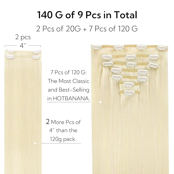 HOTBANANA Clip in Hair Extensions Real Human Hair, 130g 7pcs 16 inch Platinum Blonde Clip in Human Hair Extensions Straight Remy Hair Extensions Full Head