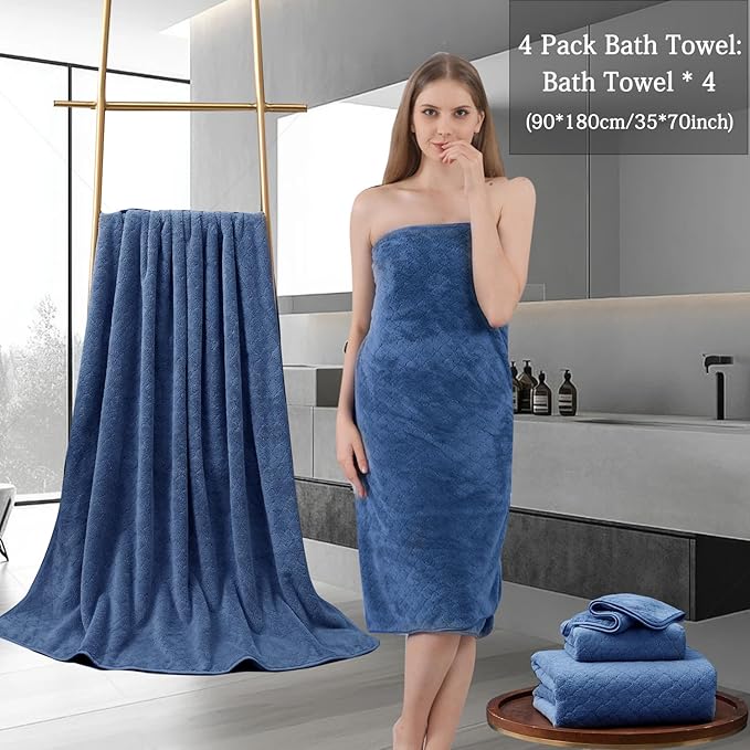 Ycosy Navy Bath Towels Set 35x70 Inches - Luxury 600 GSM Oversized Bath Sheet Towel,Extra Large Microfiber - Quick Dry,Highly Absorbent,Super Soft Shower Towels Spa Hotel Bathroom Towel Set (4-Pack)