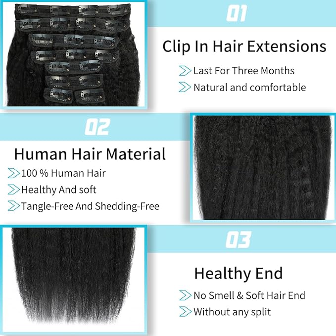 Kinky Straight Clip in Hair Extensions Seamless Clip ins Hair Extensions Real Human Hair Yaki Straight Real Human Hair for Black Women Natural Black 8Pcs 100g 20 Clips