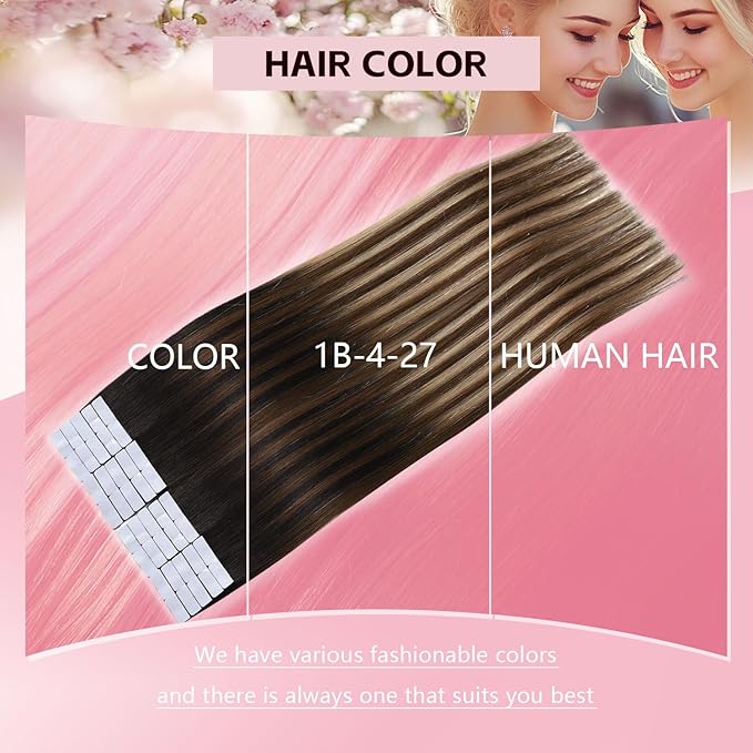 3rd-Generation Invisible Tape in Hair Extensions Real Human Hair#1b/4/27 Natural Black to Chocolate Brown and Caramel Blonde 20pcs 45g 20inch Injection Tape ins Extensions（#1b/4/27-20inch）