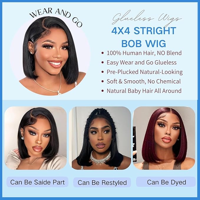 Wear and Go Glueless Bob Wig Human Hair Pre Plucked Pre Cut 4x4 HD Transparent Lace Front Wigs Human Hair 150% Density Short Straight Bob Wigs for Black Women No Glue Lace Closure Wigs（16 Inch ）
