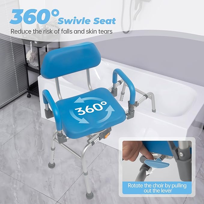 FSA/HSA Eligible Sliding Shower Chair Tub Transfer Bench with Swivel Seat, Rotating Bathtub Bench with Padded Seat and No-Slip Suction Cups for Elderly and Disabled