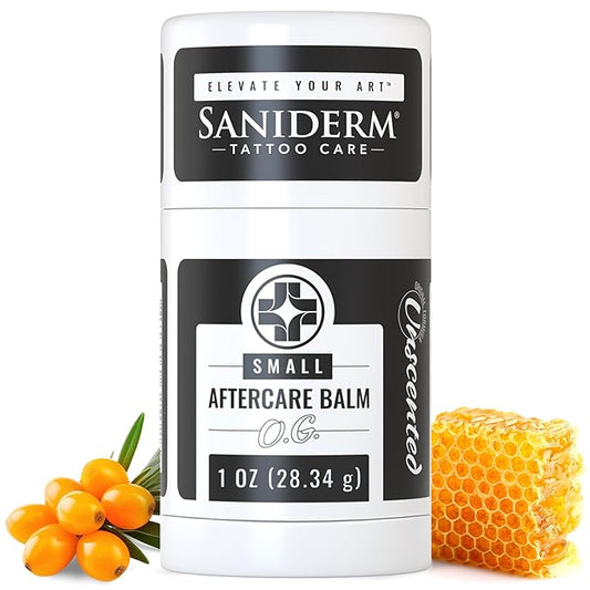 Saniderm Original Tattoo Aftercare Balm - Small (1.0 oz) – Petroleum-Free, Fragrance-Free Natural Tattoo Moisturizer Made with Hydrating Shea Butter – Heals New Tattoos, Rejuvenates Old Tattoos