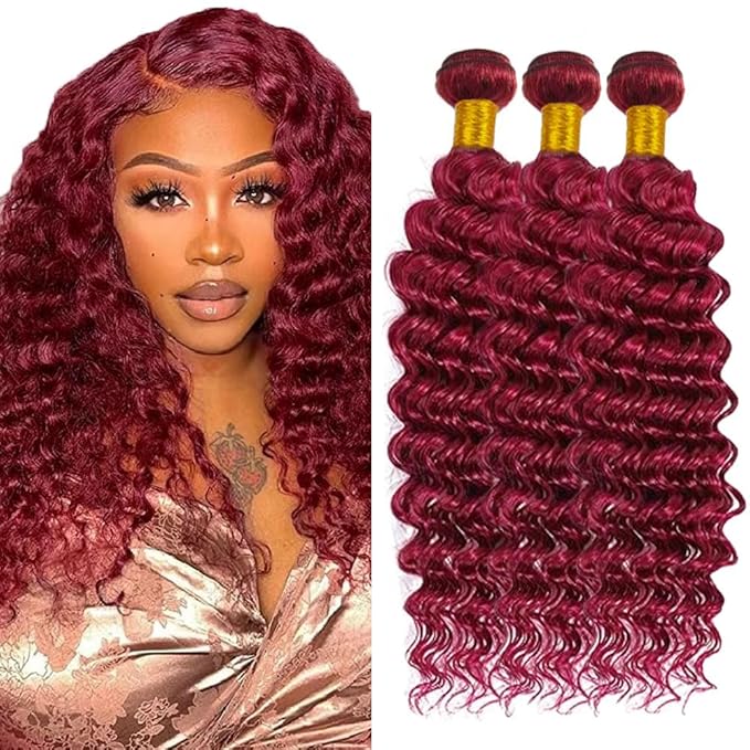 Freiuoke Dark Burgundy Bundles 99J Deep Wave Human Hair 3 Bundles 12 14 16 Inch 150g Brazilian Unprocessed Virgin Remy Hair Extensions