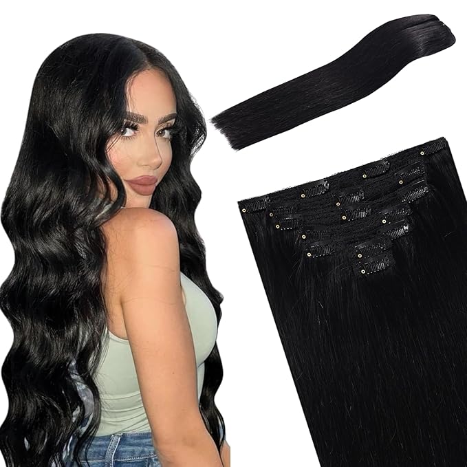 Natural Black Hair Extensions Real Human Hair Double Weft Clip in Hair Extensions 7pcs 120g 100% Remy Human Hair Long Straight Clip in Extensions 20 Inch