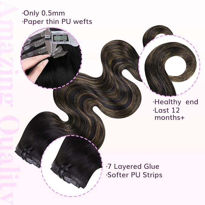 IDN BEAUTY Seamless Clip In Hair Extensions Human Hair, Body Wave 18 Inch 110g 7pcs, 1B/6/1B Balayage Natural Black to Chestnut Brown Remy Hair Seamless Clip Ins For Black Women PU Invisible Edge