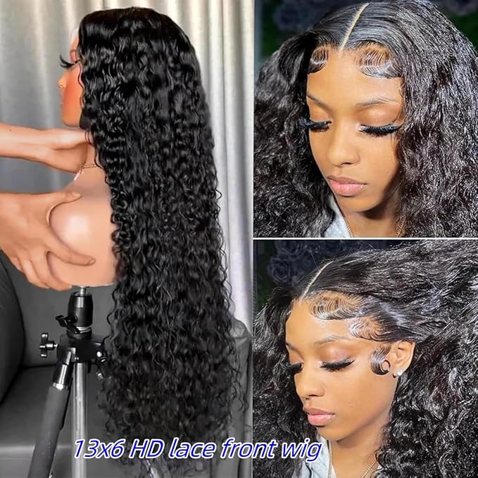 13x6 Deep Wave Lace Front Wigs Human Hair 220 Density HD Transparent Pre Plucked Deep Curly Frontal Wigs Human Hair for Women Natural Black 34 Inch