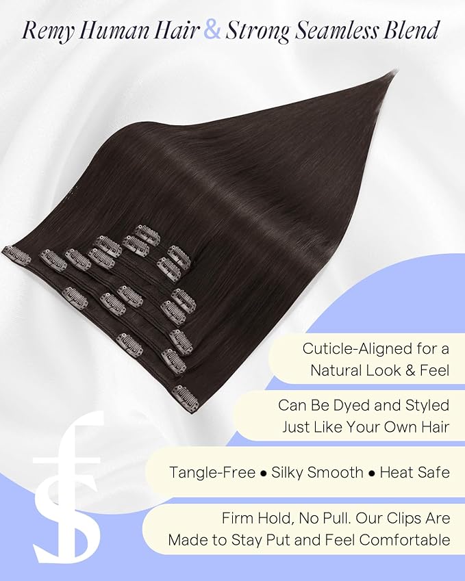 Full Shine Clip in Hair Extensions Dark Brown 24 Inch 220 G Long Dark Brown Hair Extensions Thick Human Hair Clip in Extensions for Length 7 Pcs
