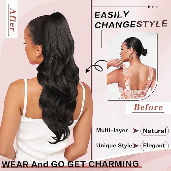 Ponytail Extension, Drawstring Ponytail Extension for Women 23 Inch Long Dark Brown Wavy Pony Tails Hair Extensions Synthetic Clip in Ponytail Hairpiece for Women