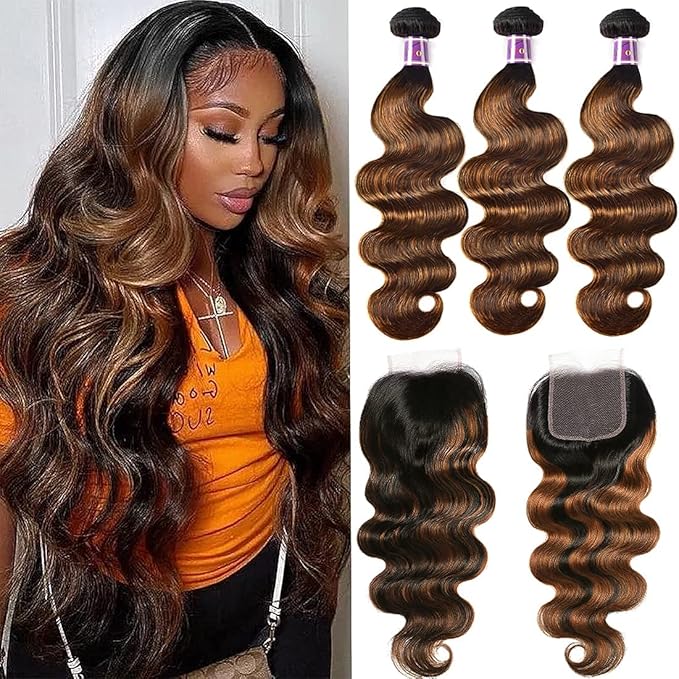 UNICE Brown Highlight Body Wave Human Hair 3 Bundles with 4x4 lace closure, Brazilian Remy Hair Ombre Human Hair Wavy Weaves FB30 Color 20 22 24+18 Closure