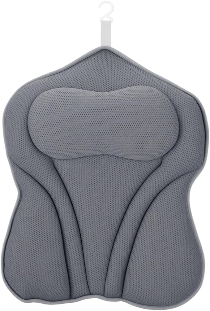 Bath Pillow for Tub - PYRRHIC Luxury Bathtub Pillow 5D Mesh with Neck & Back Support Non-Slip Suction Cups Fast Drying Soft Spa Pillow Relaxing Bath Accessories with Hook Laundry Bag Grey