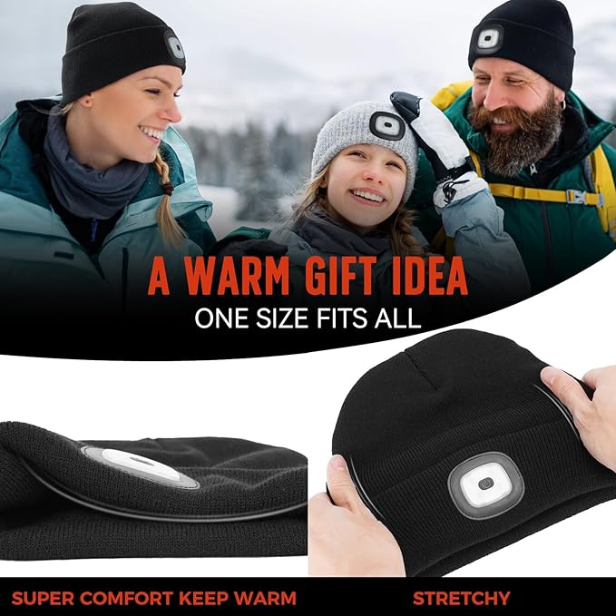 Unisex Beanie Hat with Light, Rechargeable Headlight Cap, Stocking Stuffers for Men, Cool Gadget Gifts for Him, Birthday Gifts for Women, Black