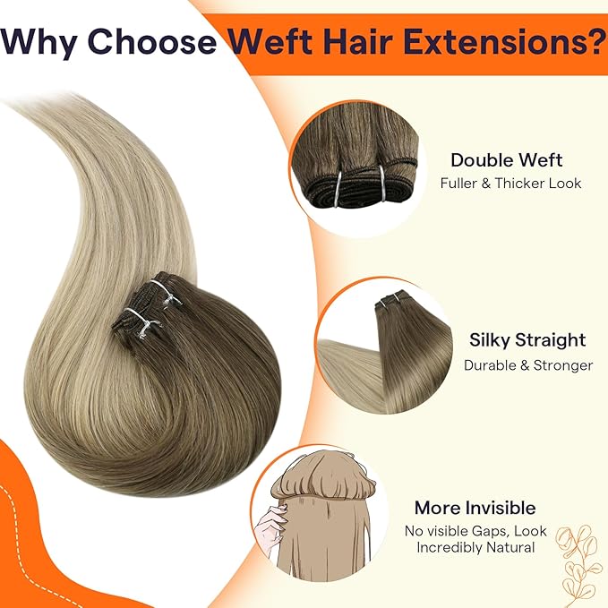 Full Shine Weft Hair Extensions Huam Hair Ombre Sew In Hair Extensions Real Human Hair Sew In Human Hair Bundles Balayage Brown To Ash Blonde Mix Platinum Blonde Weft Extensions 12 Inch 80G