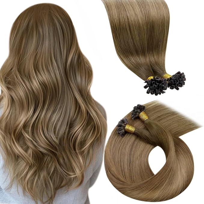 LaaVoo Ktip Tip Human Hair Extensions Ombre Brown to Light Brown Mix Golden Brown U tip Hair Extensions Human Hair K Tip Hair Extensions Balayage Straight 100g/100s 18 Inch