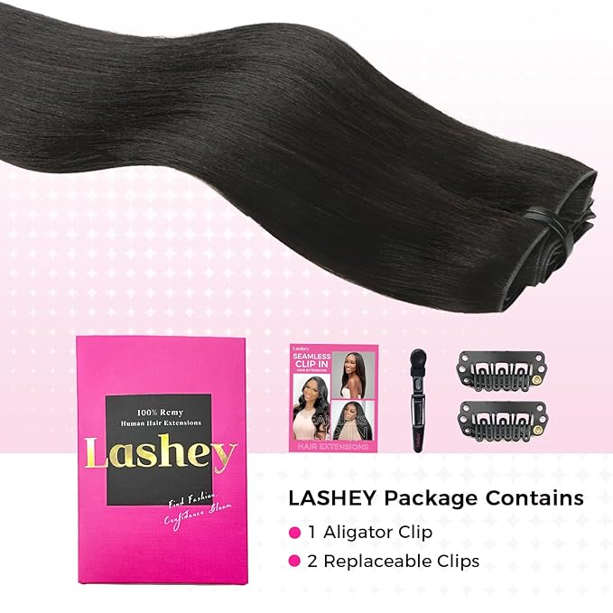 Lashey Invisi Edge Clip in Hair Extensions 16 Inch 110g 7pcs Injected Seamless PU Clip in Hair Extensions Virgin Human Hair, Natural Black Yaki Straight Hair