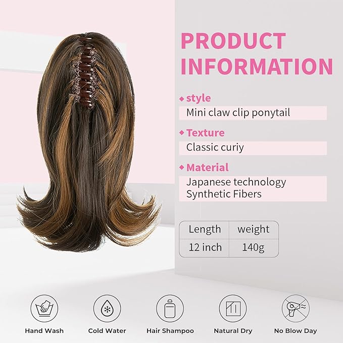 Ponytail Hair Extensions, 12 Inch Claw Clip Ponytail Hair Extensions for Women, Chin Clip Wigs, Soft Synthetic Wigs-Dark Brown Golden Auburn