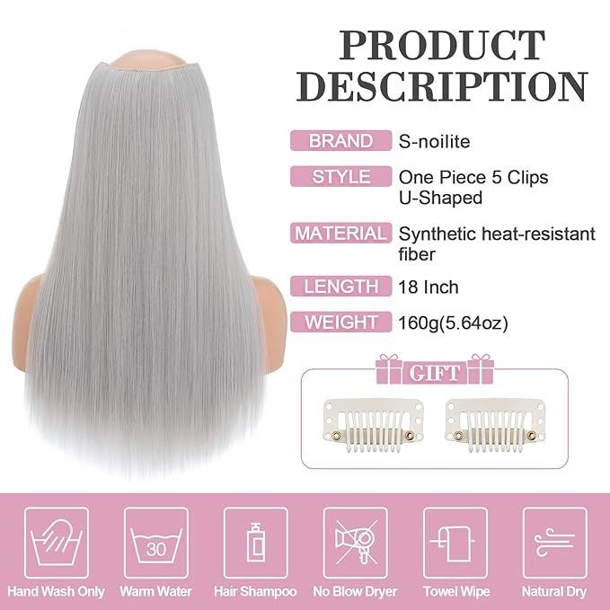 S-noilite One Piece Clip in Hair Extensions 18 Inch Grey U-Shaped One Piece Weft Hair Extensions with 5 Clips Synthetic 3/4 Full Head Long Straight Clip in Hairpieces for Women,#503/88A
