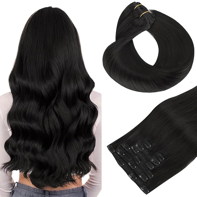 HOTBANANA Human Hair Clip in Hair Extensions, Natural Black 120g Clip in Hair Extensions Real Human Hair Straight Remy Hair 16 Inch 7pcs
