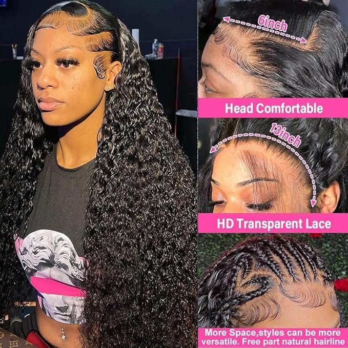 13x6 Deep Wave Lace Front Wigs Human Hair Pre Plucked HD Lace Frontal Wigs Human Hair 200% Density Deep Curly Glueless Wig for Black Woman 22 Inch