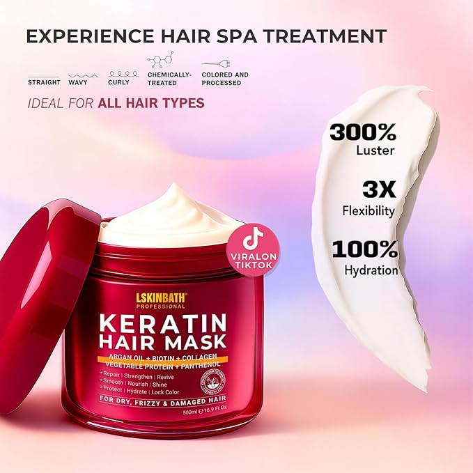 Keratin & Collagen Repair Hair Mask for Damaged Hair | Deep Conditioner Revives Dry, Frizzy, Bleached & Color-Treated Hair | With Moroccan Argan Oil & Biotin | Treatment for Split Ends |