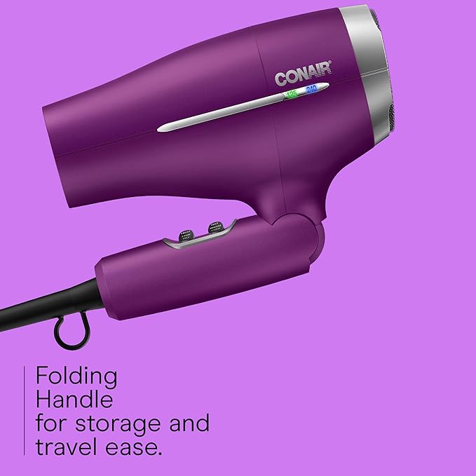 Conair Worldwide Folding Handle Hair Dryer with Concentrator & Diffuser, 1875W Travel Blow Dryer with Smart Voltage Technology, Ionic Conditioning Fights Frizz, 3 Heat & 2 Speed Settings, Purple