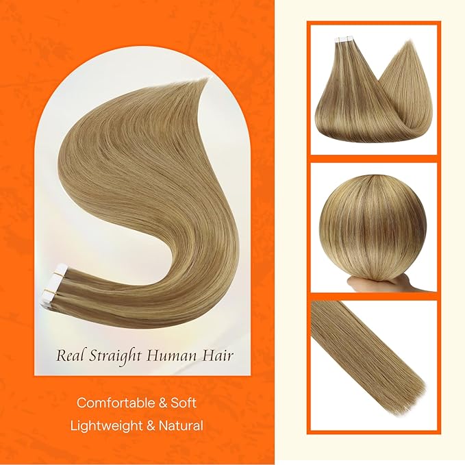 Full Shine Invisible Tape in Extensions Human Hair Color 10 Golden Brown and 16 Golden Blonde to 16 Blonde Balayage 20 Inch Seamless Hair Extensions Real Human Hair Tape in 50 Grams 20 PCS for Party