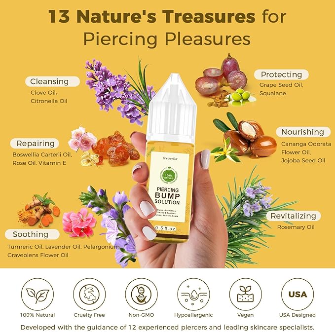 0.5oz -100% Natural Piercing Bump Solution & Keloid Bump Removal Drops (with 20 Cotton Swabs), Professional Piercings Aftercare Oil to Relieve & Reduce Appearance of Keloid/Scar on Nose, Ear & Belly
