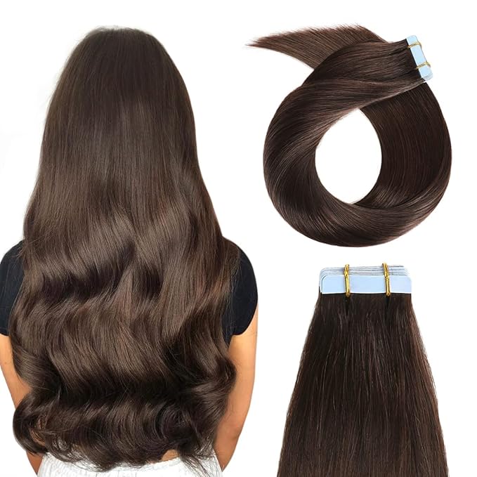 YILITE Dark Brown Tape In Hair Extensions Human Hair 26 inches 20pcs 60g Silky Straight Remy Human Hair Tape Ins Extensions for Women