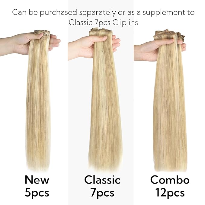 HOTBANANA Clip in Hair Extensions Real Human Hair, 5Pcs 70g 16 Inch Light Blonde Highlighted Golden Blonde Balayage Straight Remy Clip in Extensions
