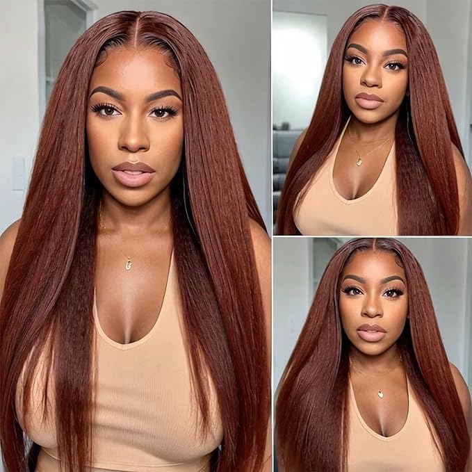 Julia Hair 12A Bye Bye Knots Glueless Wig Reddish Brown Yaki Straight Virgin Human Hair Pre Cut 7x5 HD Lace Front Wigs Invisible Knots Pre Plucked Pre Bleached Auburn Copper Wig 150% Density 26 Inch