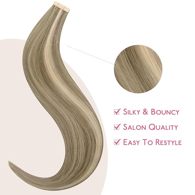 WENNALIFE Tape in Hair Extensions Human Hair Ash Brown with Platinum Blonde Highlights, 10pcs 30g 24 inch Remy Hair Invisible Tape Ins Straight Colored Soft Refill Set