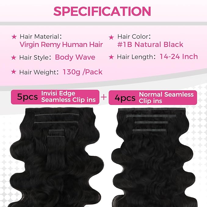 Lashey Invisi Edge & Seamless Clip in Hair Extensions Human Hair, 14 Inch 130g 9pcs(5pcs Invisi Edge& 4pcs Seamless) Real Virgin Human Hair Extensions, Natural Black Body Wave Hair