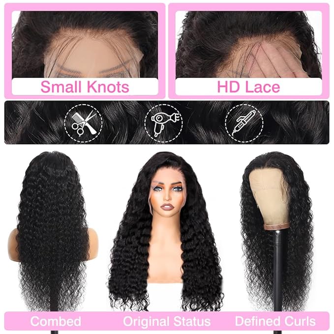 40 Inch Wig Human Hair 180% Density 13x6 Deep Wave Lace Front Wigs Human Hair HD Lace Frontal Curly Wigs Pre Plucked, Real Human Hair No Synthetic Blend No Tangle No Shedding Triple Lifespan 3X